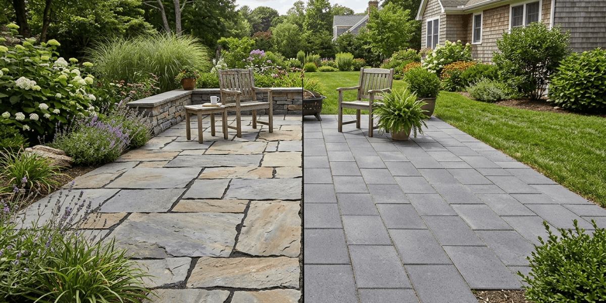 Stone patio with seating, highlighting the longevity and aesthetic appeal of natural stone compared to concrete pavers.